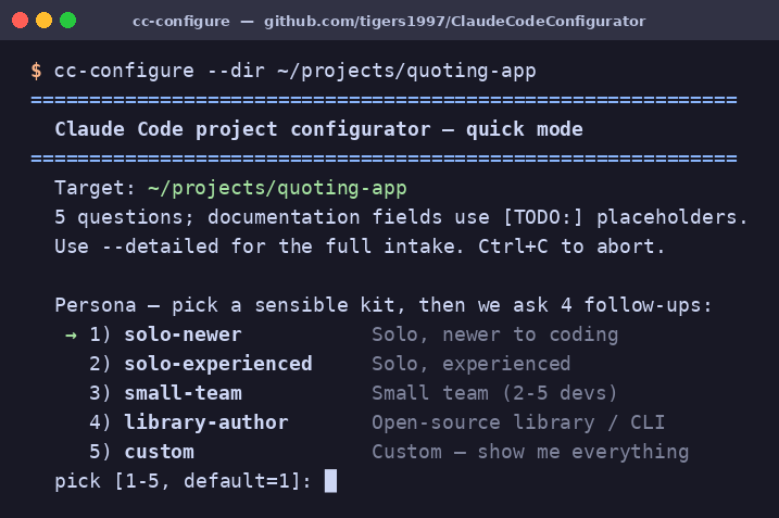 Terminal screenshot of cc-configure running in quick mode — banner, persona menu, and prompt.